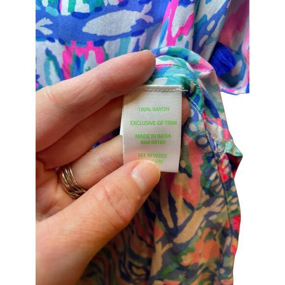 Lilly Pulitzer Women XS Top Tunic‎ Short Sleeve Sydney Caftan Pink Blue Tassels - Picture 10 of 16